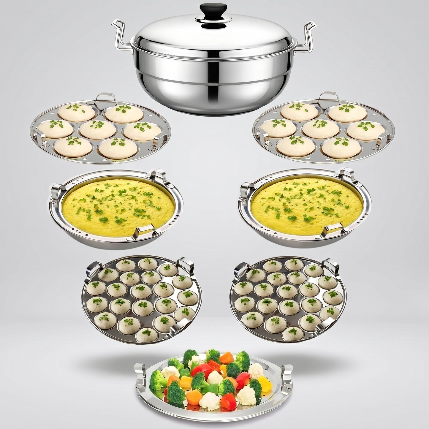 Stainless Steel Multi Kadai – Copper Bottom Idli, Dhokla & Momo Steamer | Big Size All-in-One Cookware