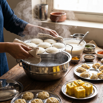 Stainless Steel Multi Kadai – Copper Bottom Idli, Dhokla & Momo Steamer | Big Size All-in-One Cookware