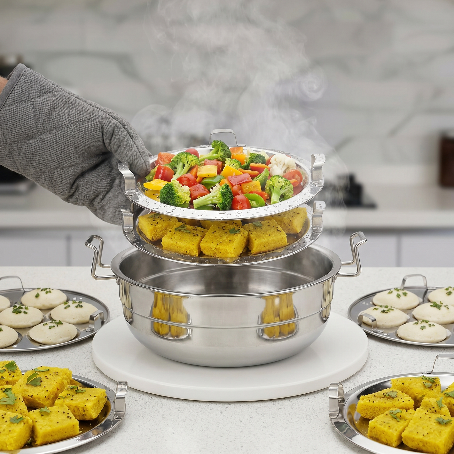 Stainless Steel Multi Kadai – Copper Bottom Idli, Dhokla & Momo Steamer | Big Size All-in-One Cookware